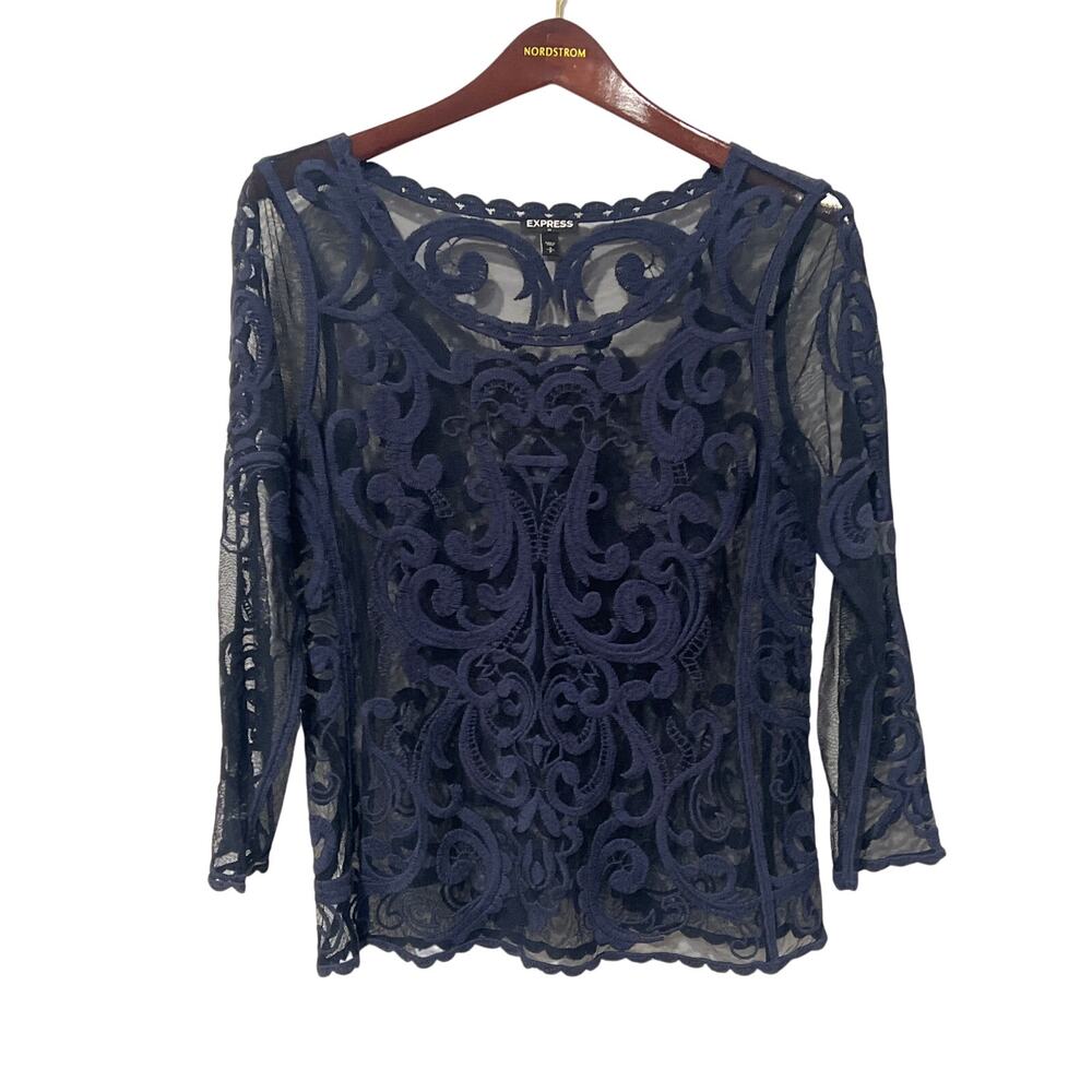 Express Navy Blue Sheer Lace Long Sleeve Top, Size Small, KB319